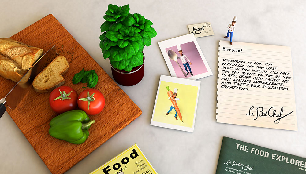 overhead view of Le Petit Chef table with a letter, food ingredients, and photos