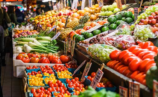 Veggie stalls at Pike Place Market in Seattle